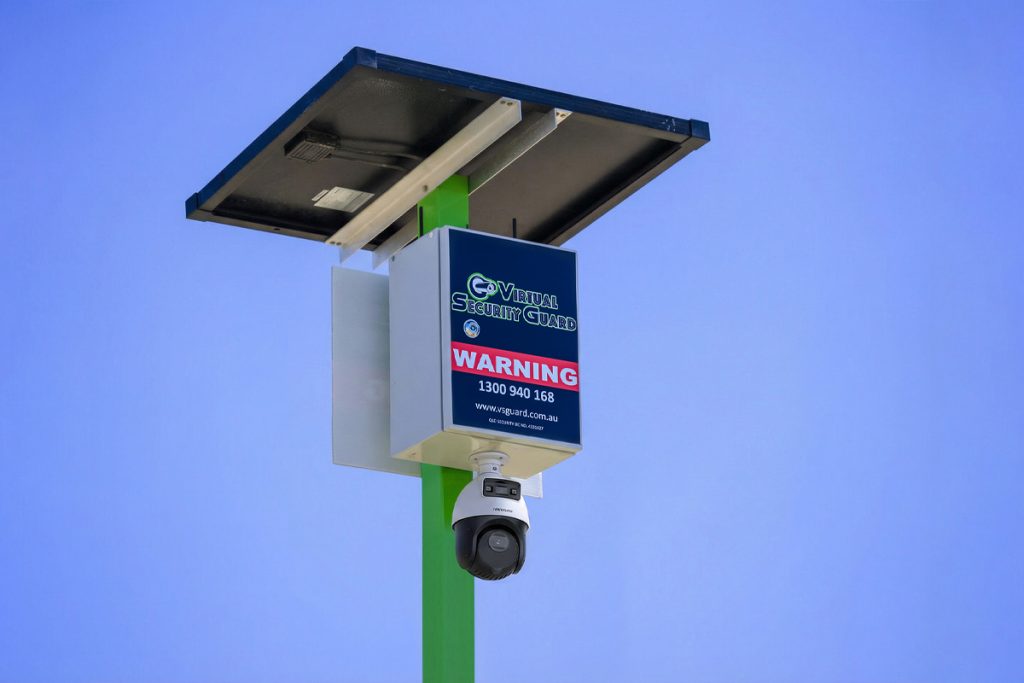 Solar-powered PTZ pan-tilt-zoom dome security camera on a Virtual Security Guard pole